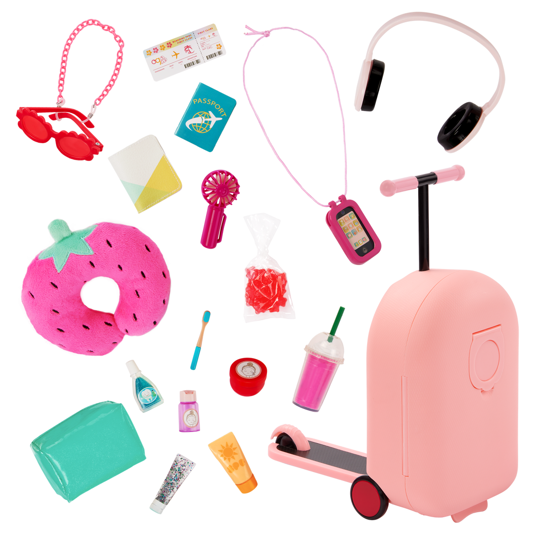 Packed Adventures - 46cm Travel Set for Dolls - Pink Suitcase with Wheels in Scooter Style - Travel Accessories for 46cm Dolls - Our Generation UK